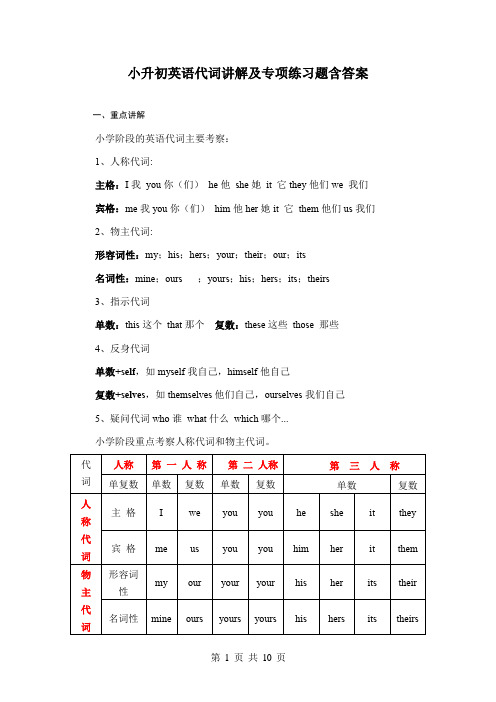 小升初英语代词讲解及专项练习题含答案