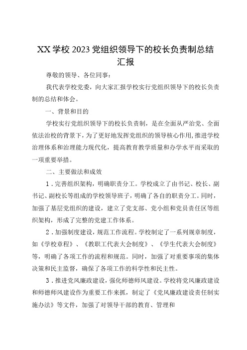 XX学校2023党组织领导下的校长负责制总结汇报