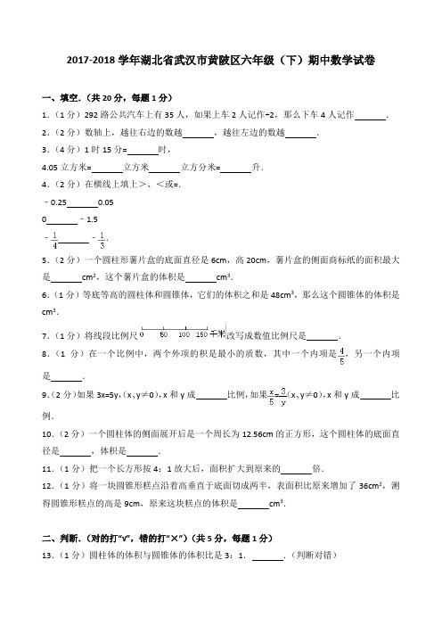 2018~2019学年湖北省武汉市黄陂区六年级(下)期中数学试卷