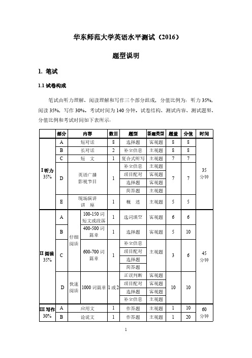 华东师范大学英语水平测试题型说明(2016版)