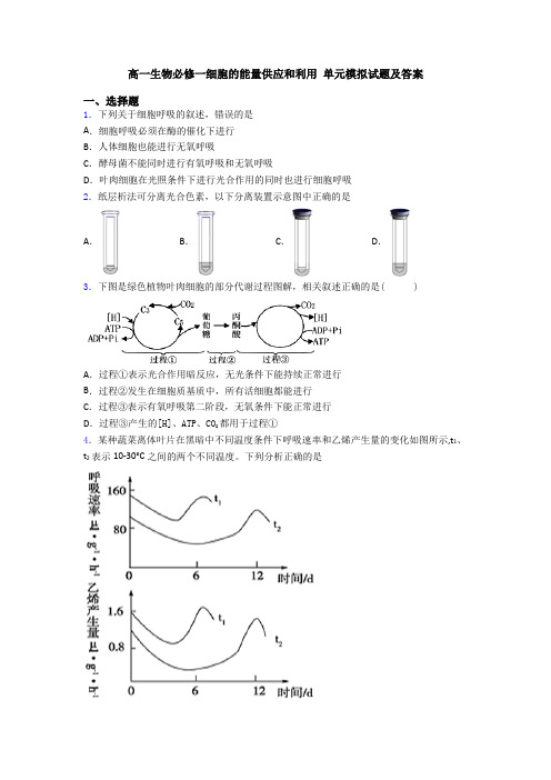 高一生物必修一细胞的能量供应和利用 单元模拟试题及答案