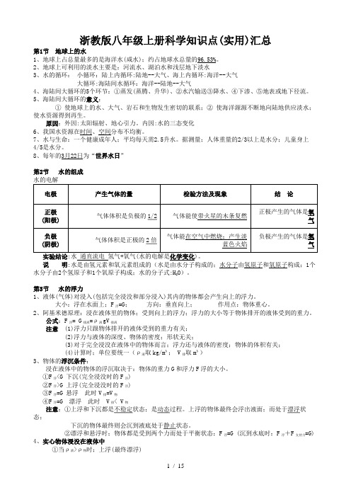 浙教版八年级上册科学知识点(实用)汇总