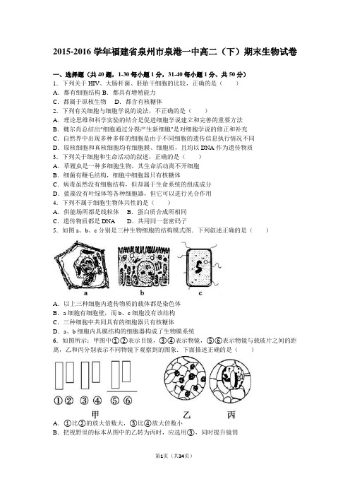 2015-2016学年福建省泉州市泉港一中高二(下)期末生物试卷(解析版)