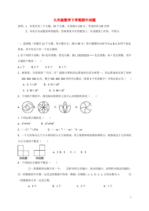 山东省龙口市九年级数学下学期期中试题(五四制)