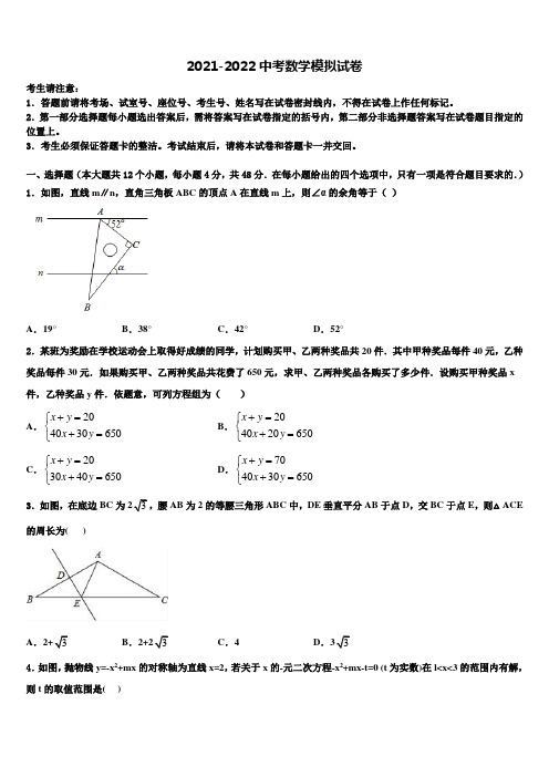 浙江省杭州市建兰中学2021-2022学年中考数学仿真试卷含解析