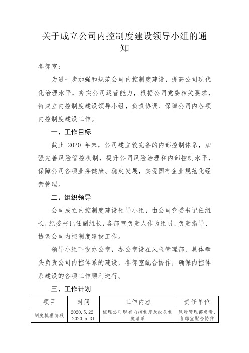 关于成立公司内控制度建设领导小组的通知