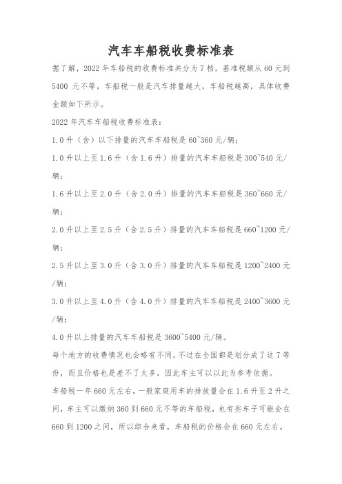 汽车车船税收费标准表