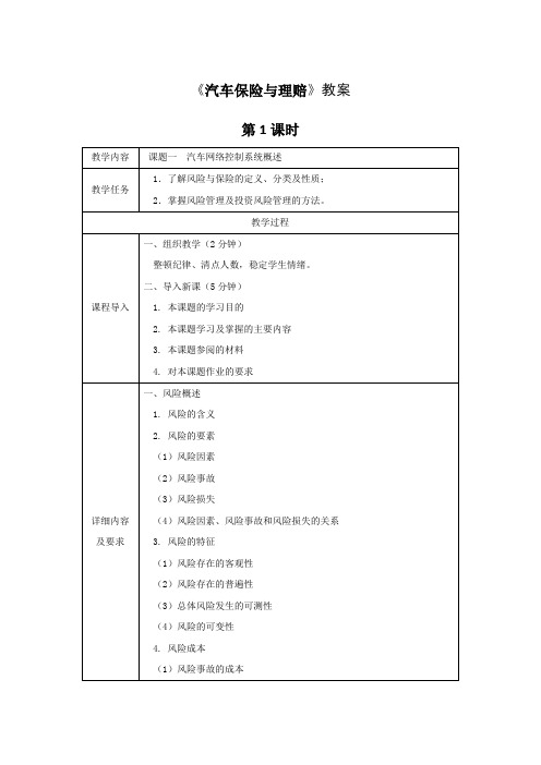 《汽车保险与理赔》全套教案 完整版授课电子教案 整本书电子讲义 教学讲义(最新)