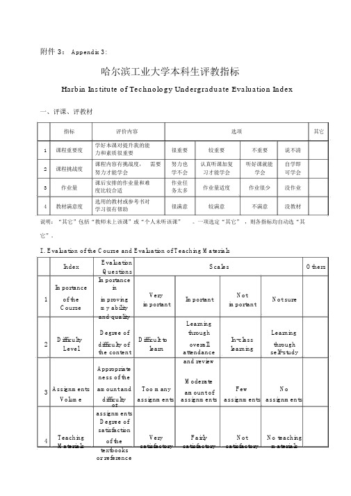 哈尔滨工业大学本科学生评教指标