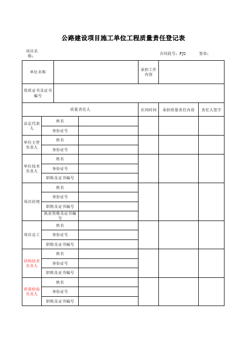 公路建设项目施工单位工程质量责任登记表