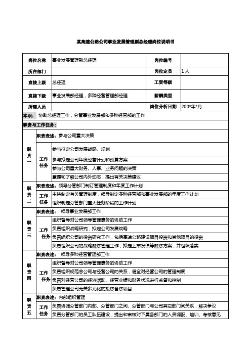 高速公路公司事业发展管理副总经理岗位说明书