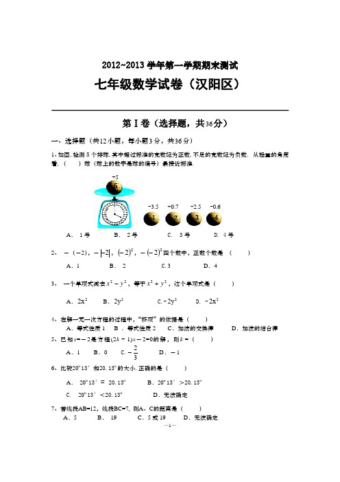 汉阳区七年级数学期末试题(2013元月)