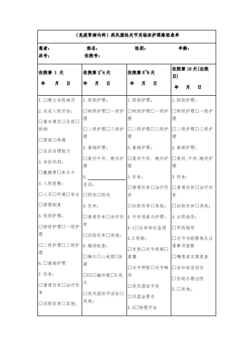 (免疫肾病内科)类风湿性关节炎临床护理路径表单