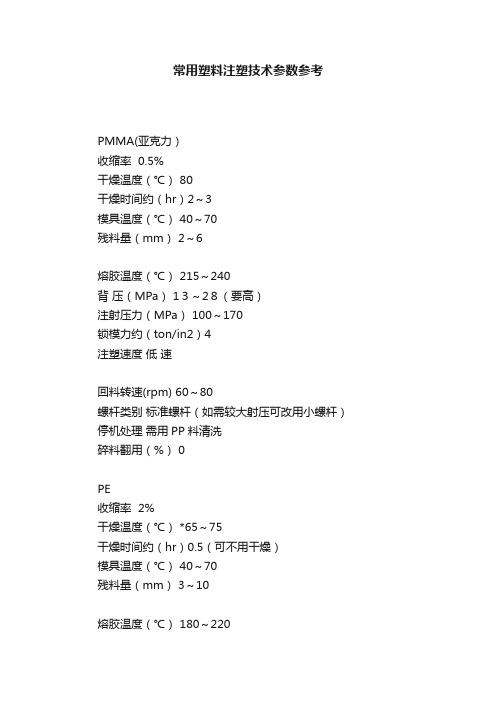 常用塑料注塑技术参数参考