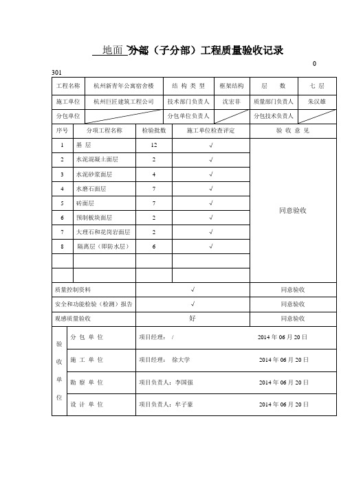 地面分部子分部工程质量验收记录范文