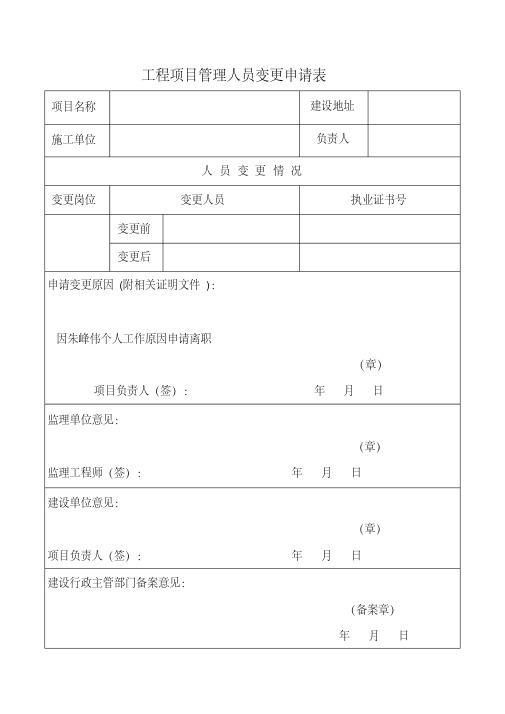 （完整版）工程项目管理人员变更申请表