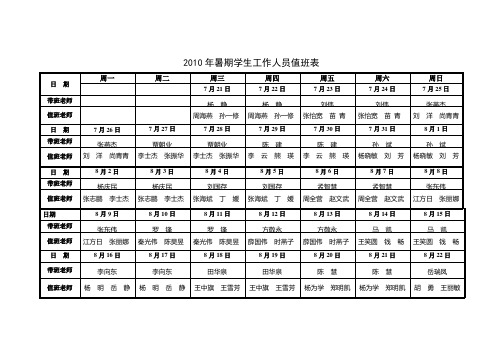 2010年暑期学生工作人员值班表