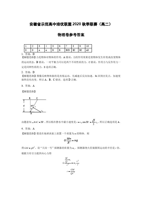 安徽省示范高中培优联盟2020年秋季高二联赛试题 物理 PDF版答案