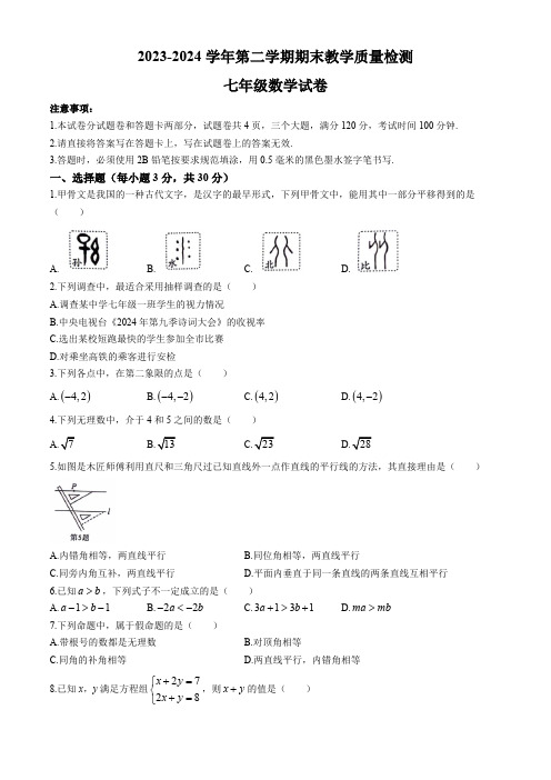 河南省安阳市殷都区2023-2024学年七年级下学期期末数学试题(含答案)