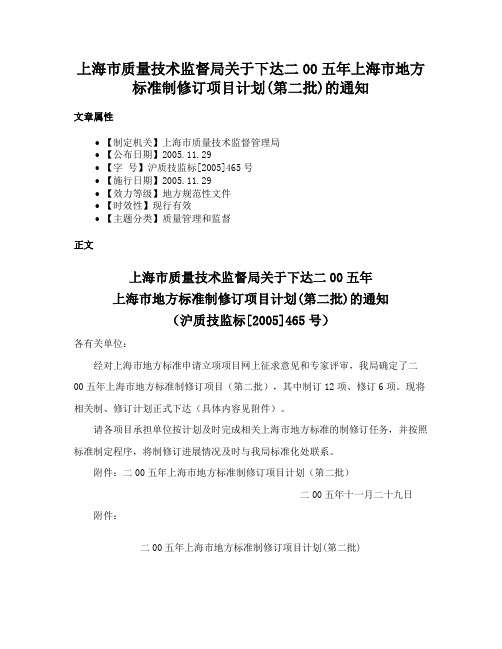 上海市质量技术监督局关于下达二00五年上海市地方标准制修订项目计划(第二批)的通知