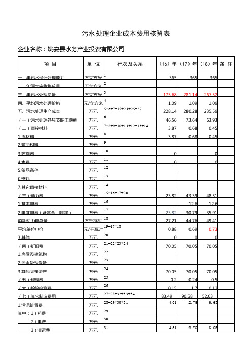 污水处理企业成本费用核算表