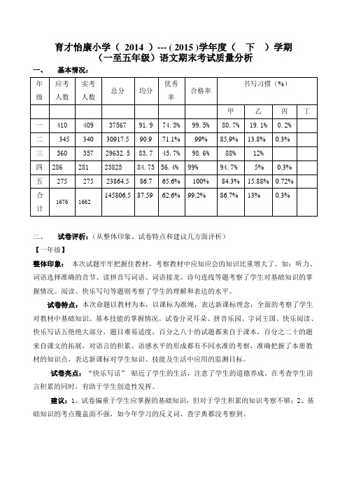 14-15学期全校语文下学期质量分析表