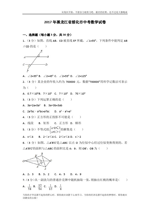 2017年黑龙江省绥化市中考数学试卷 (2)