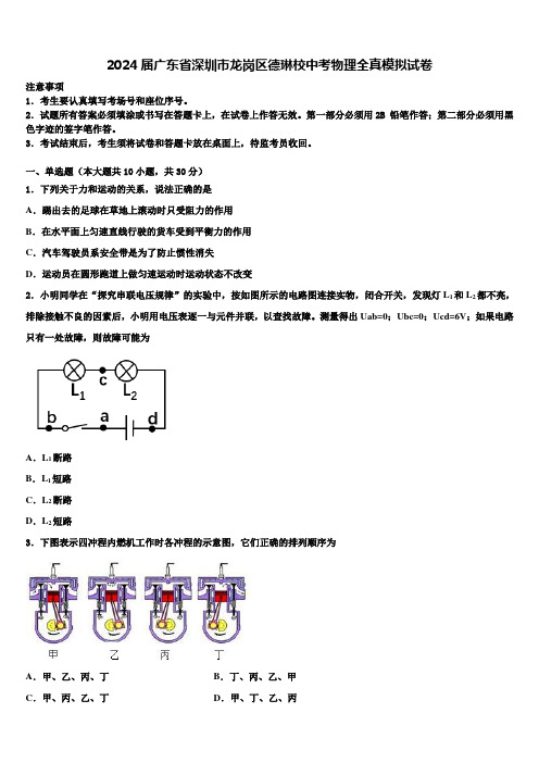 2024届广东省深圳市龙岗区德琳校中考物理全真模拟试卷含解析