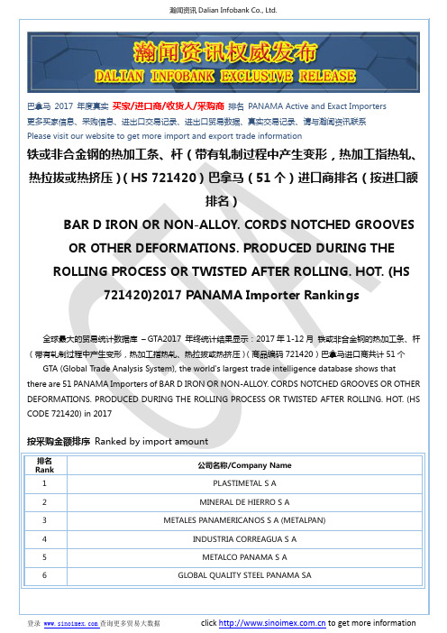 铁或非合金钢的热加工条、杆(带有轧制过程…(HS 721420)2017 巴拿