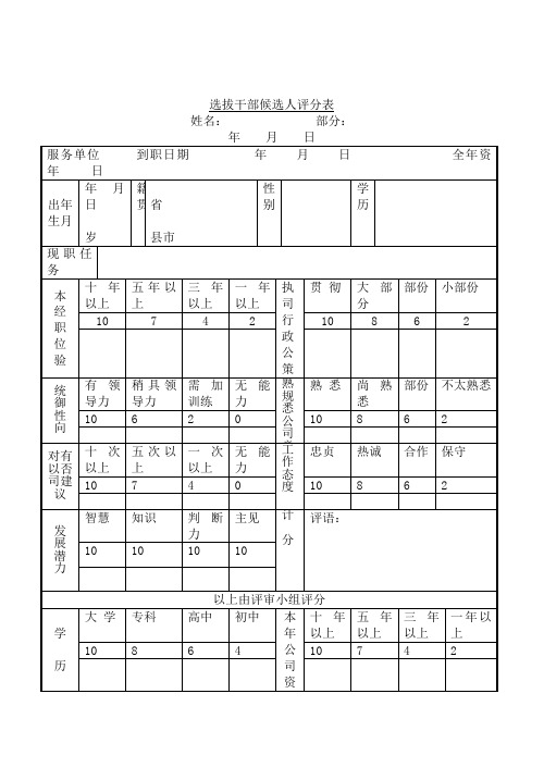 选拔干部候选人评分表