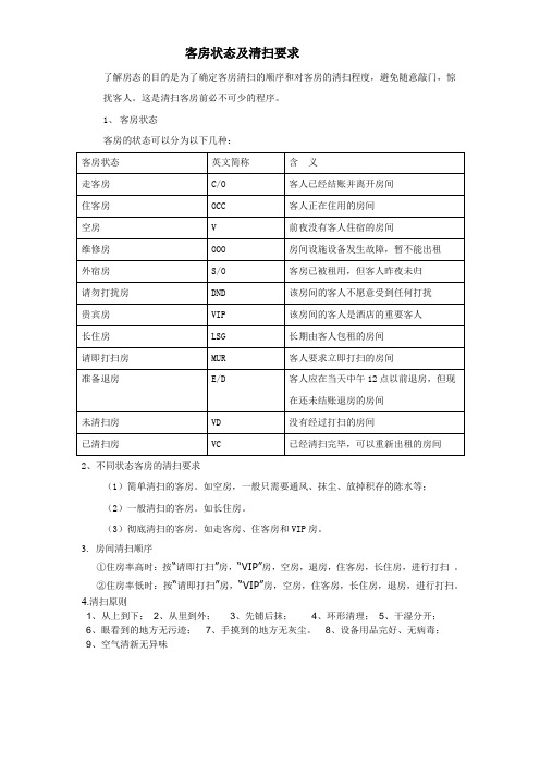 客房状态及清扫要求