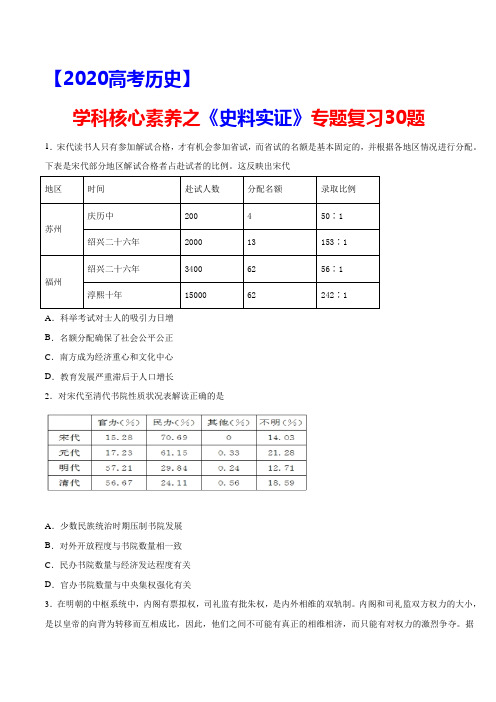 【2020高考历史】学科核心素养《史料实证》专题复习30题(考试版)