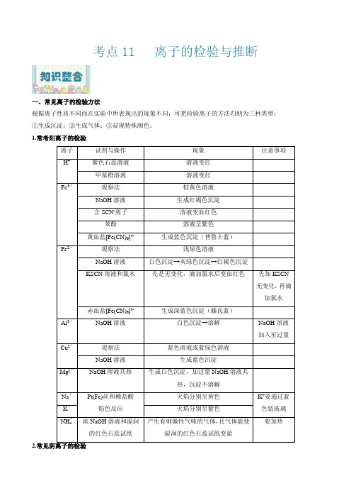 离子的检验与推断2022年高考化学一轮复习考点全通关(原卷版)