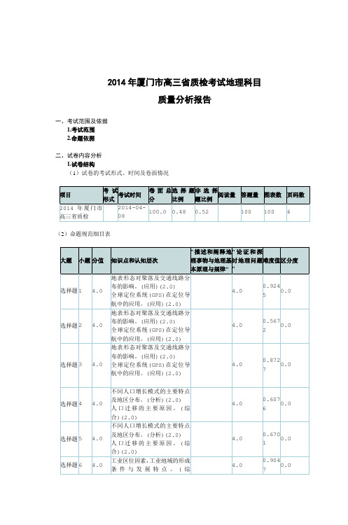 2014年厦门市高三省质检考试地理科目(厦门