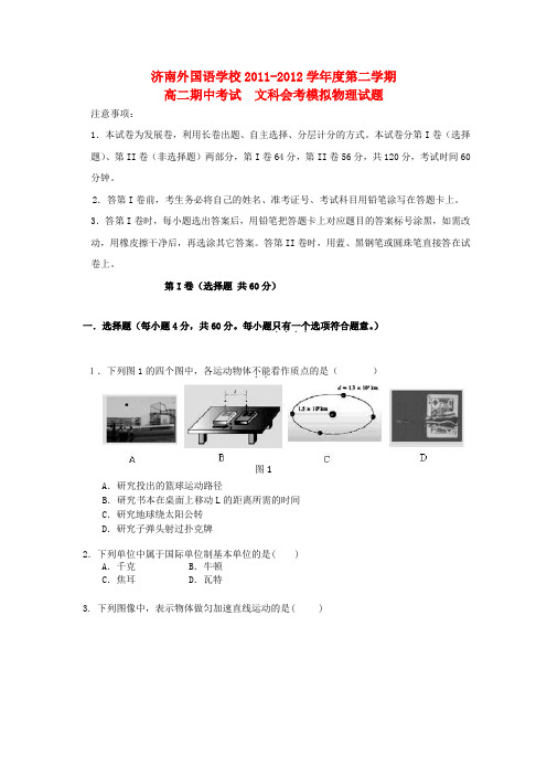 山东省济南外国语学校高二物理下学期期中考试试题 文【会员独享】