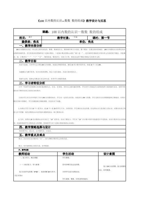 《100以内数的认识—数数 数的组成》教学设计与反思 (表格式)
