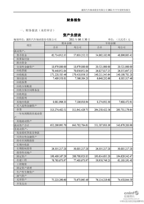 襄阳轴承：2011年半年度财务报告
 2011-07-28