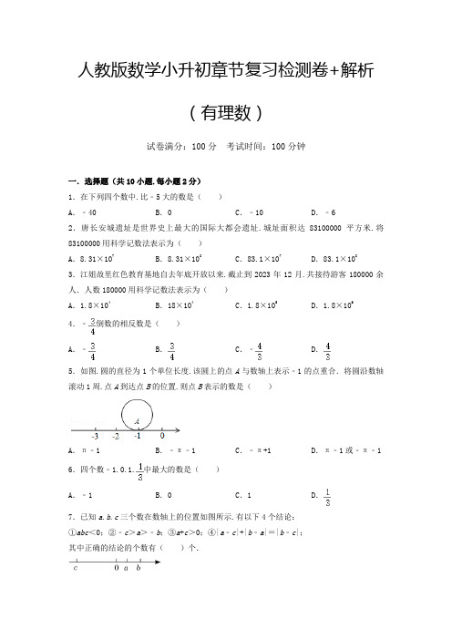 人教版数学小升初章节复习检测卷+解析(有理数)