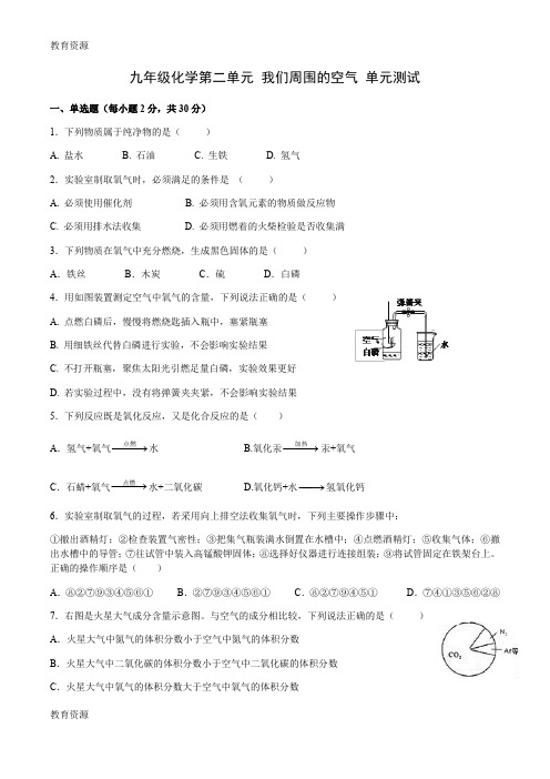 【教育资料】人教版九年级上测化学 第二单元 我们周围的空气 同步测试(附答案)学习精品