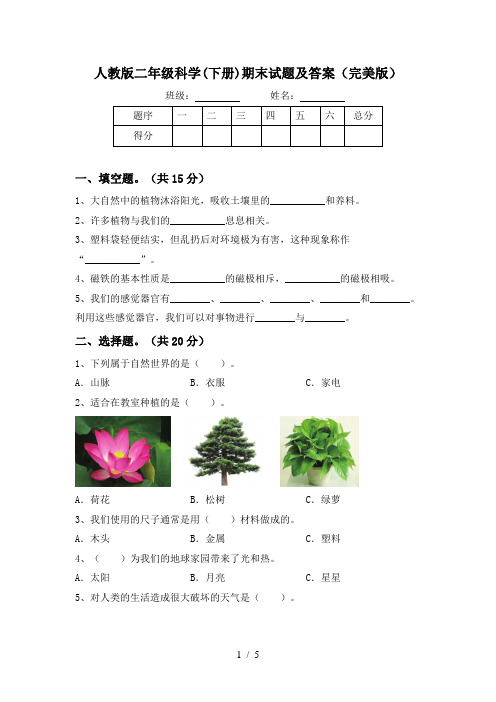 人教版二年级科学(下册)期末试题及答案(完美版)