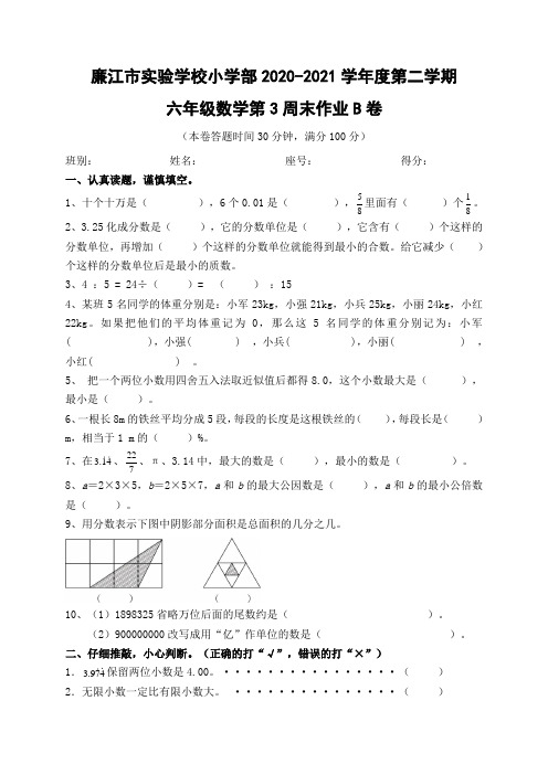 广东省廉江市实验学校届六年级下学期数学第3周周末作业(B)