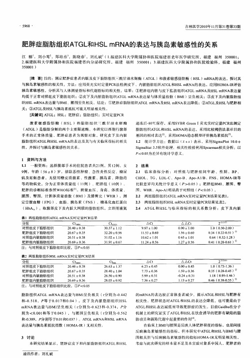 肥胖症脂肪组织ATGL和HSL mRNA的表达与胰岛素敏感性的关系