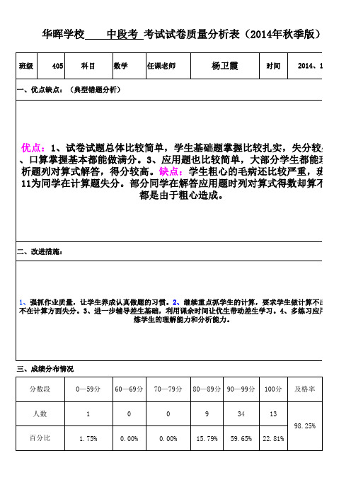 四年级上册数学中段考试卷质量分析