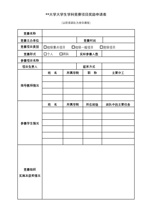 XX大学大学生学科竞赛项目奖励申请表【模板】