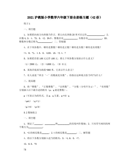 2021沪教版小学数学六年级下册全册练习题(42份)