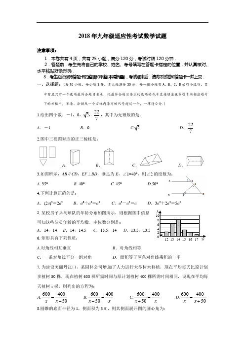 2018适应性数学试题