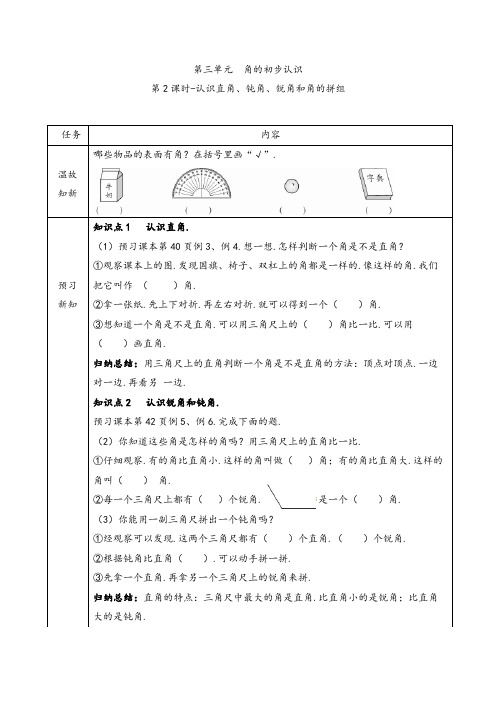 二年级上册数学第三单元第2课时-认识直角、钝角、锐角和角的拼组(含解析)