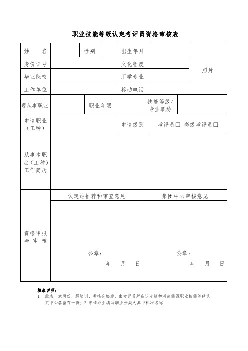 业技能等级认定考评员资格审核表