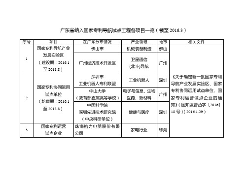 广东纳入国家专利导航试点工程各项目一览