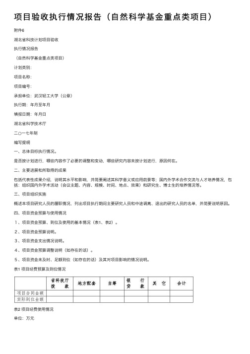 项目验收执行情况报告（自然科学基金重点类项目）